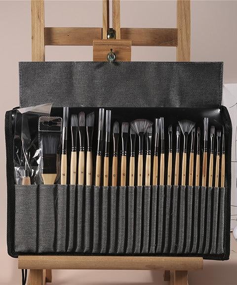 Set di pennelli 24 pezzi | Pennelli professionali con manico in legno | Acrilico, acquerello, olio &amp; gouache