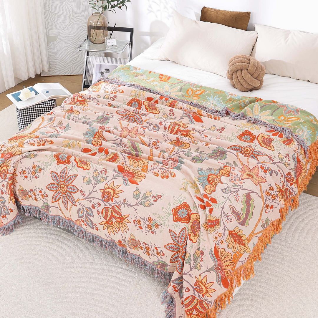 Coperta Boho Rustica con Motivo Floreale | 100% Cotone