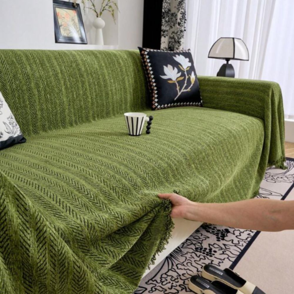 Copertura per Divano con Frange in Chenille a Spina di Pesce