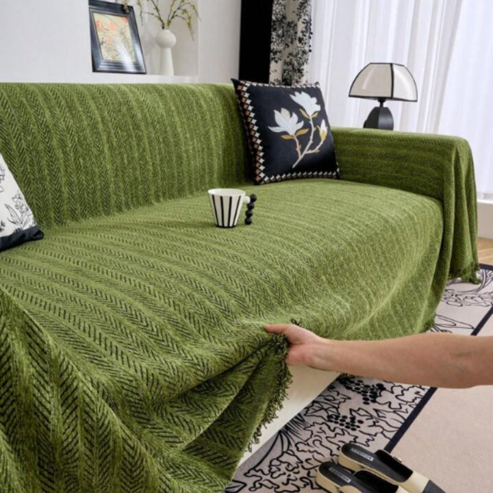 Copertura per Divano con Frange in Chenille a Spina di Pesce