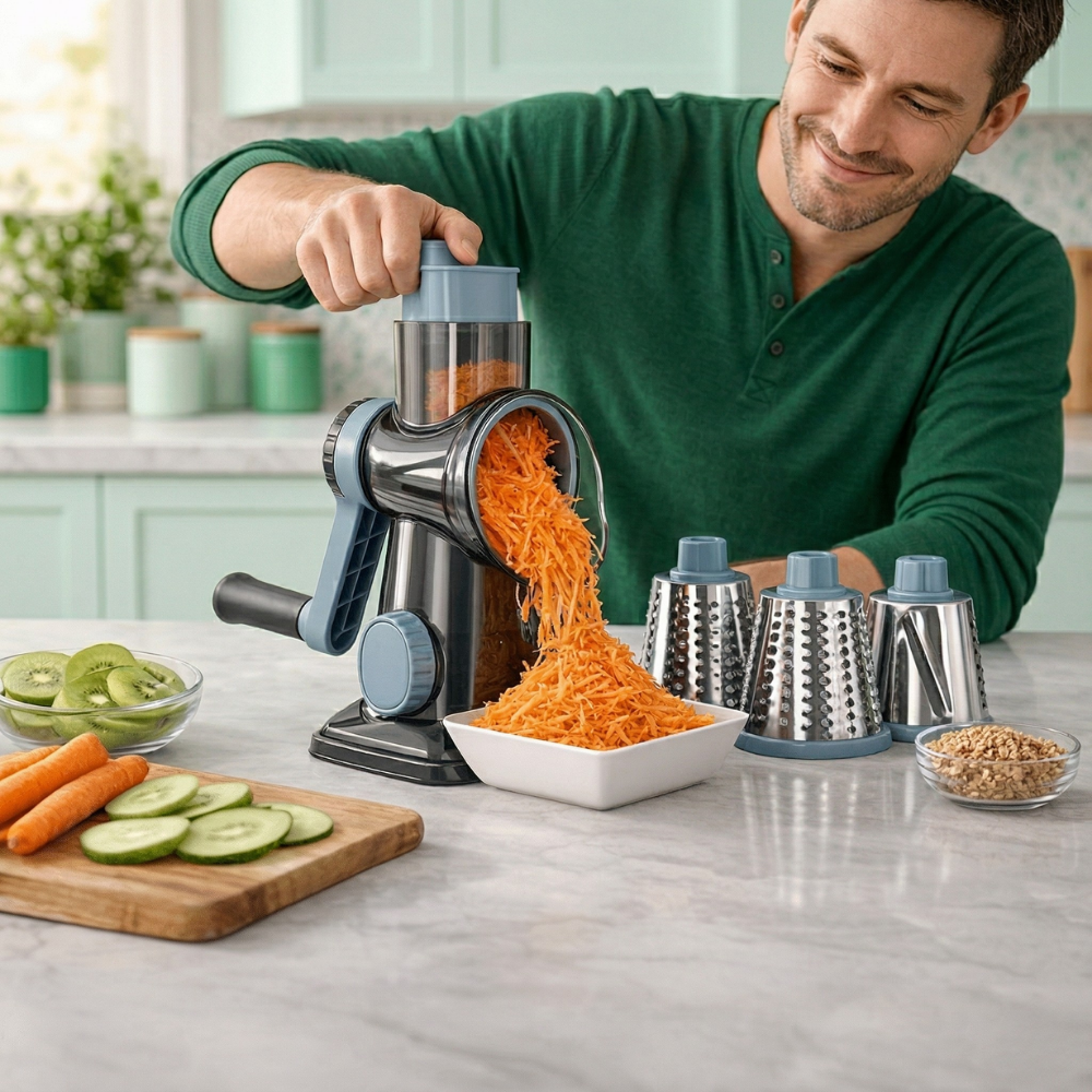 PrepEase™ – Robot da Cucina Rotante 3-in-1 per Affettare e Grattugiare