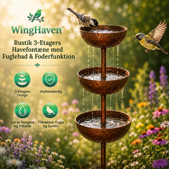 WingHaven™ – Fontaine à oiseaux et station de nourriture rustique à 3 niveaux