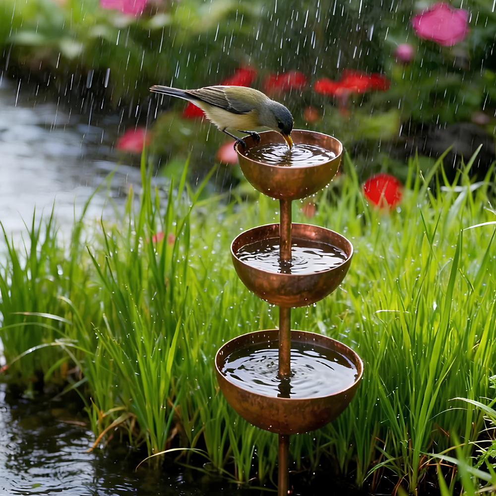WingHaven™ – Fontaine à oiseaux et station de nourriture rustique à 3 niveaux