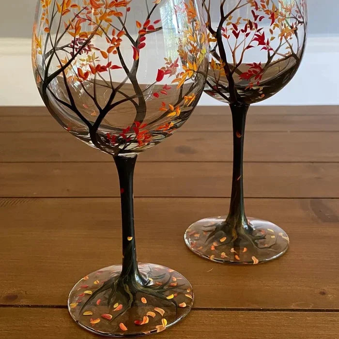 SeasonsGlass™ Bicchieri da Vino Dipinti a Mano | 4 Stagioni | Motivi Artistici di Alberi | Lavabili in Lavastoviglie