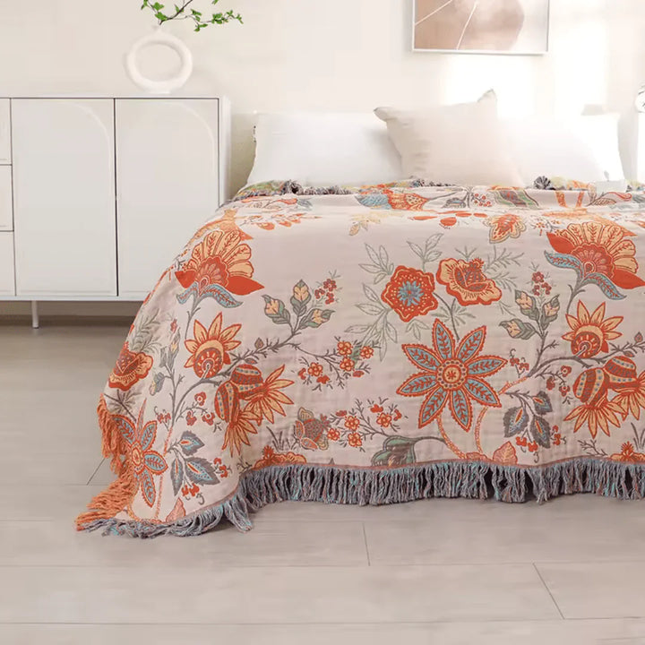 Coperta Boho Rustica con Motivo Floreale | 100% Cotone