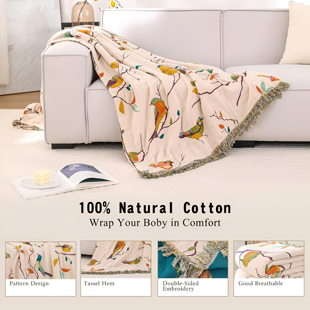 Coperta con Frange e Uccelli Fantasiosi