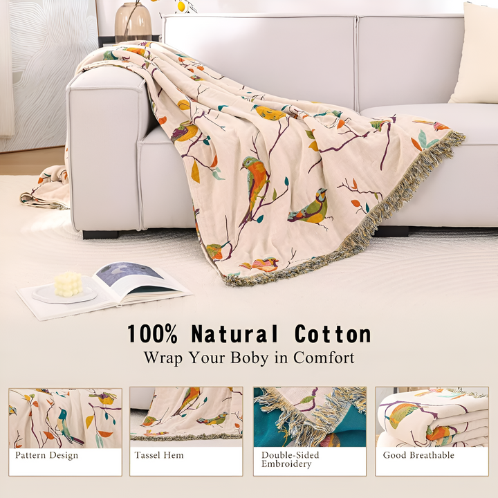 Coperta con Frange e Uccelli Fantasiosi