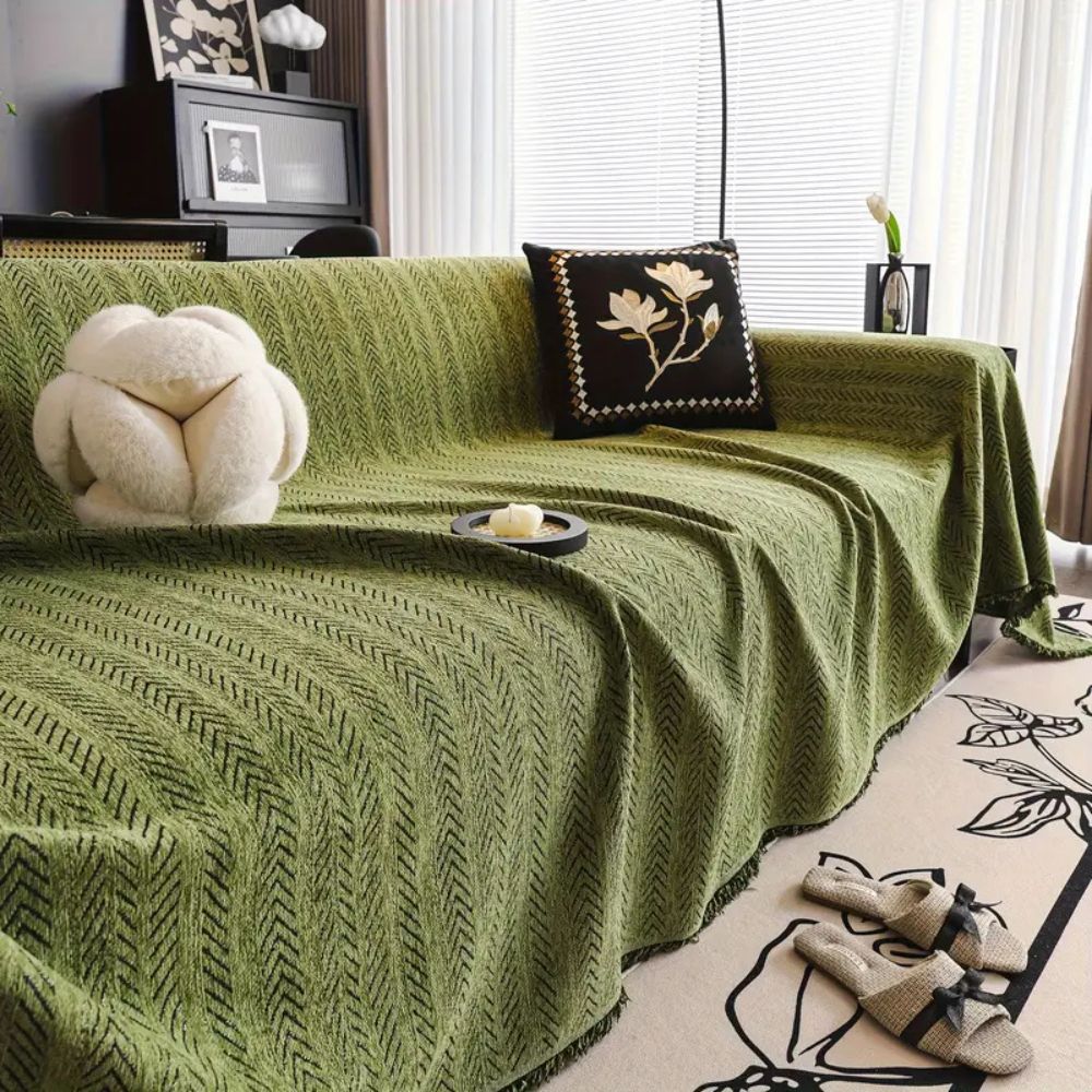 Copertura per Divano con Frange in Chenille a Spina di Pesce