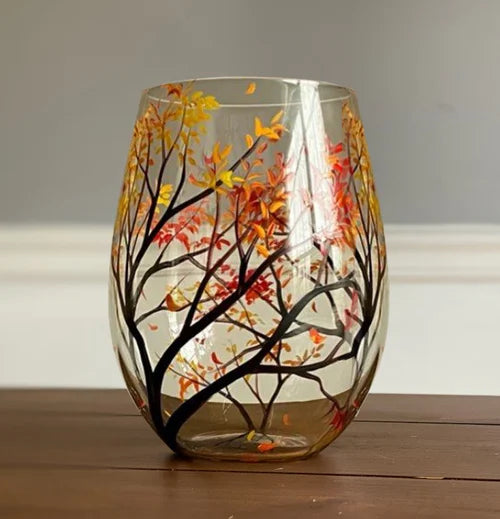 SeasonsGlass™ Bicchieri da Vino Dipinti a Mano | 4 Stagioni | Motivi Artistici di Alberi | Lavabili in Lavastoviglie