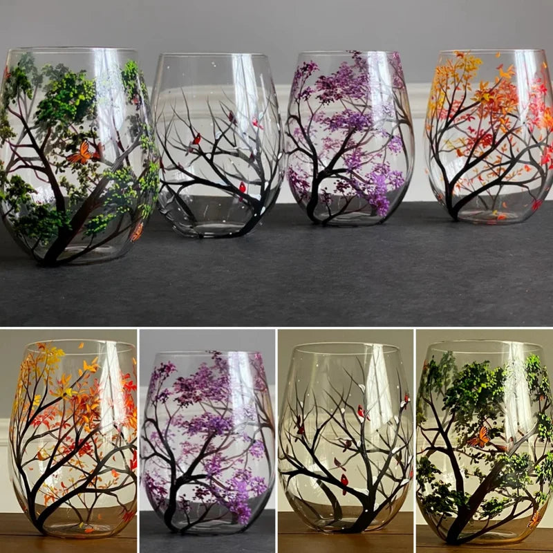 SeasonsGlass™ Bicchieri da Vino Dipinti a Mano | 4 Stagioni | Motivi Artistici di Alberi | Lavabili in Lavastoviglie
