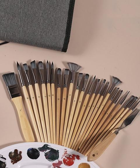 Set di pennelli 24 pezzi | Pennelli professionali con manico in legno | Acrilico, acquerello, olio &amp; gouache