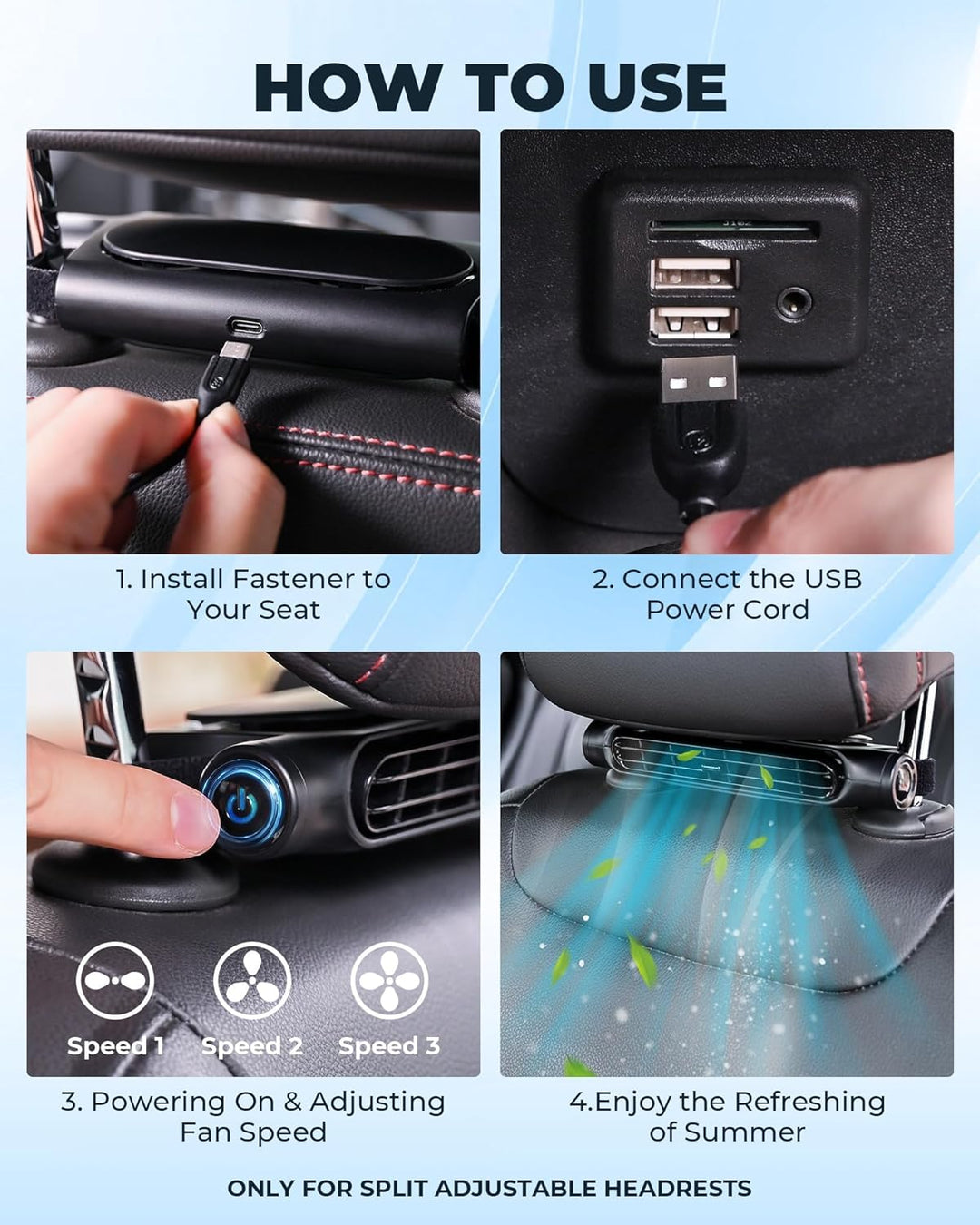 Ventilatore di raffreddamento per auto USB a 3 velocità con supporto per poggiatesta – AutoBreeze