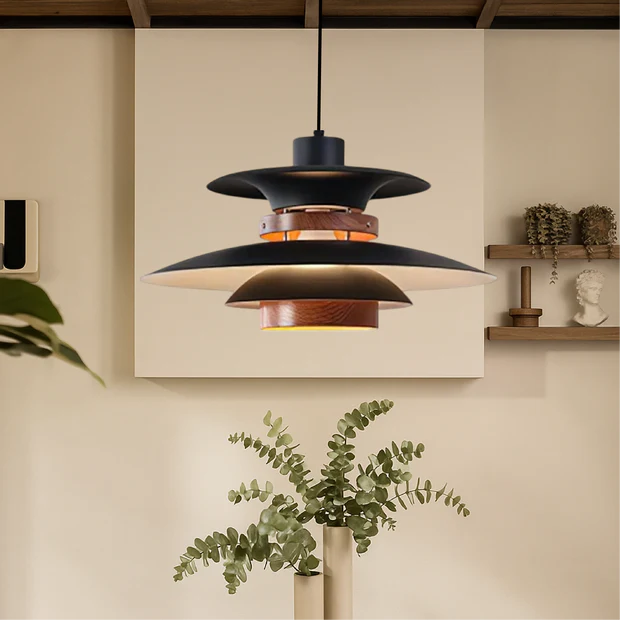 MerceroLux: Lampada a sospensione in alluminio e legno con 4 paralumi mobili e attacco E27 – per zona pranzo e camera dei bambini