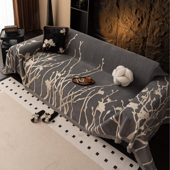 AbendZweig: Copertura per divano in design chenille con delicato motivo a rami e comfort accogliente – per divano e soggiorno