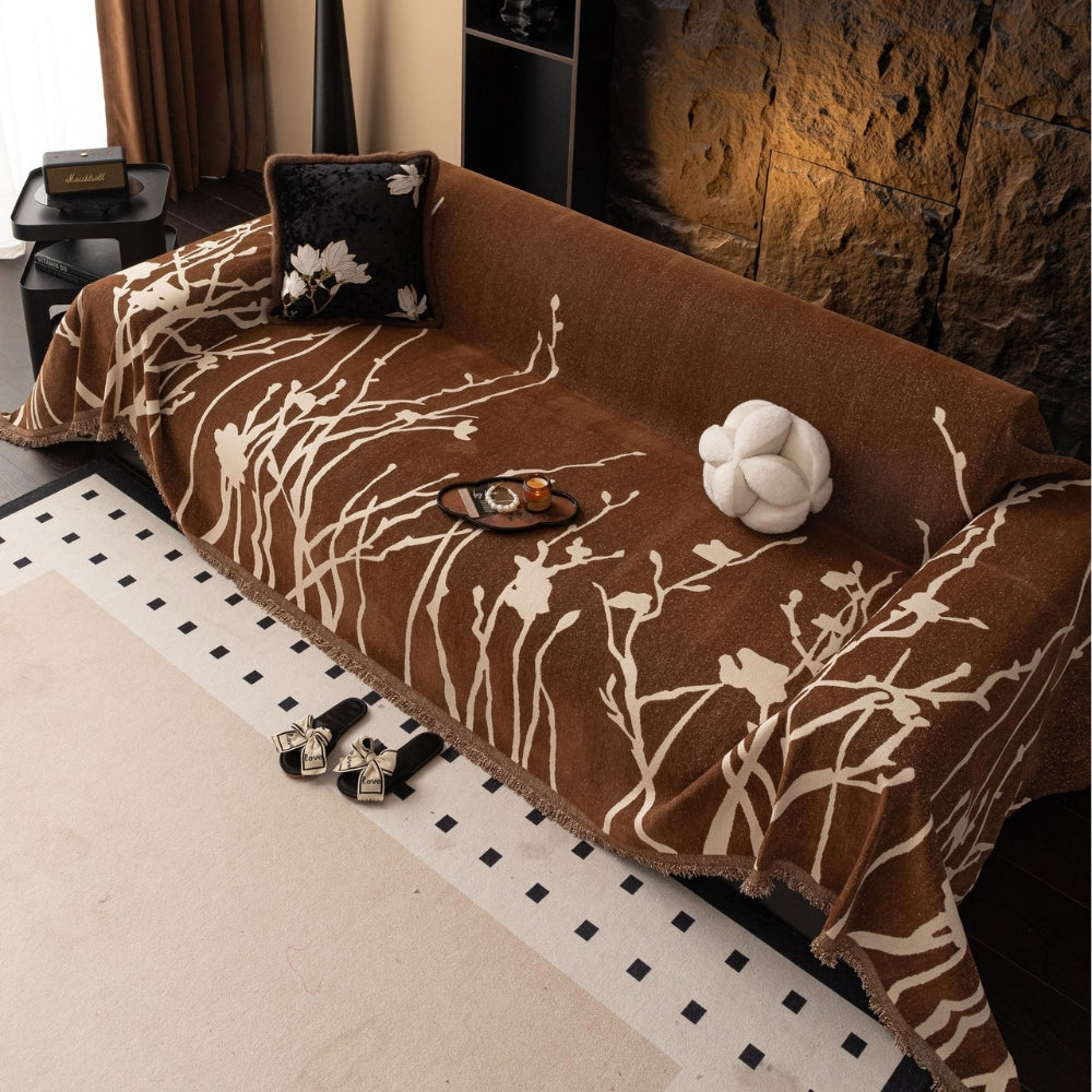 AbendZweig: Copertura per divano in design chenille con delicato motivo a rami e comfort accogliente – per divano e soggiorno