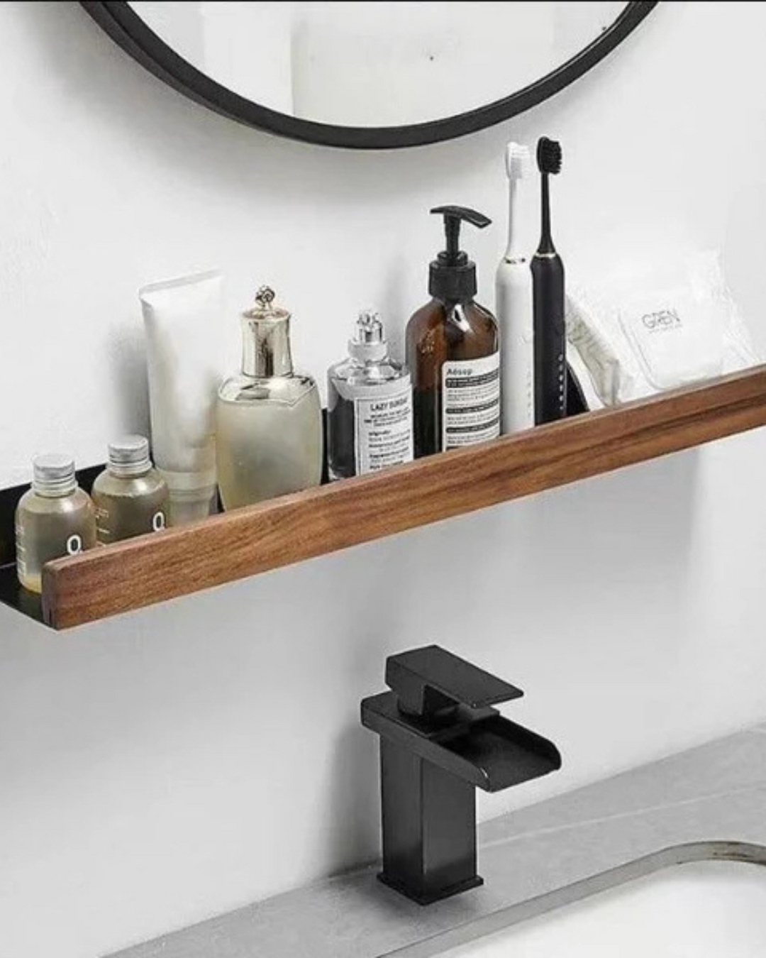 AlignaLume: Mensola moderna da parete in metallo con frontale in legno e design minimalista – per bagno e cucina
