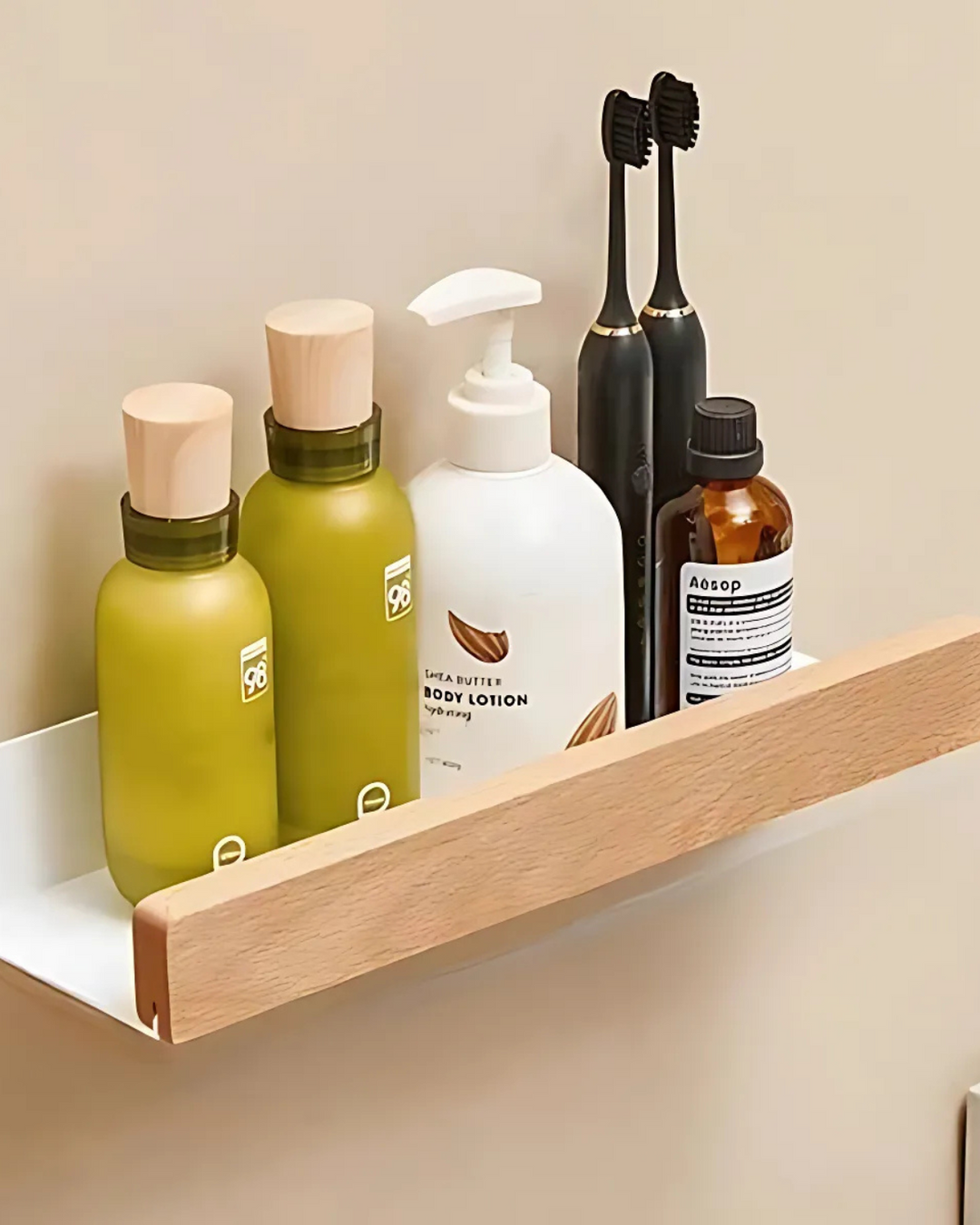 AlignaLume: Mensola moderna da parete in metallo con frontale in legno e design minimalista – per bagno e cucina