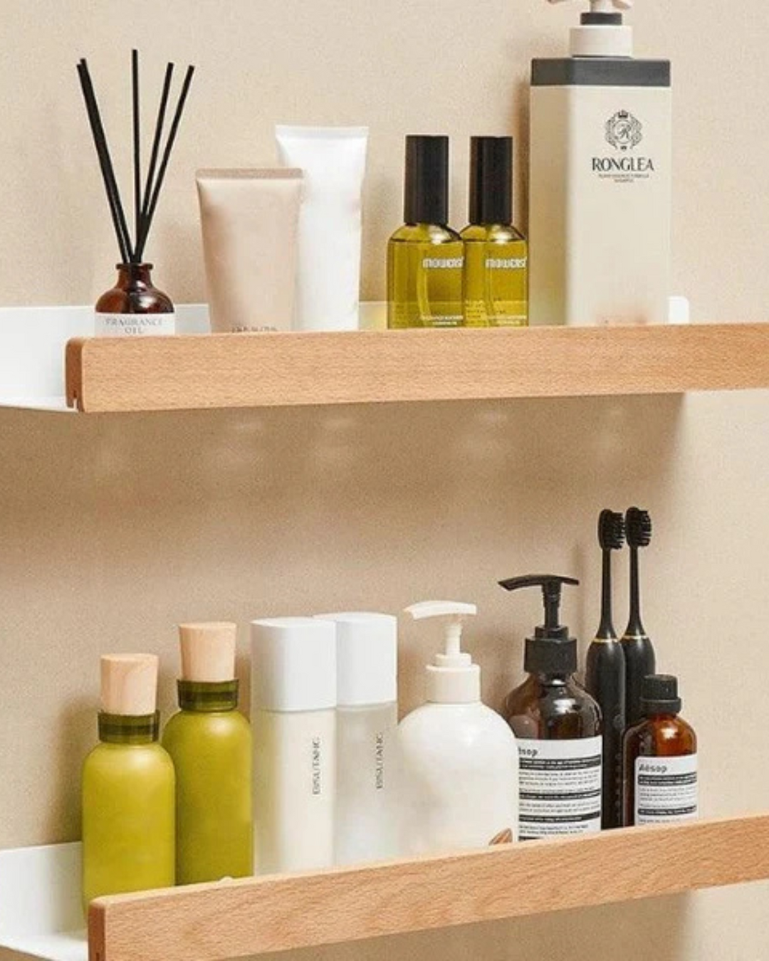 AlignaLume: Mensola moderna da parete in metallo con frontale in legno e design minimalista – per bagno e cucina