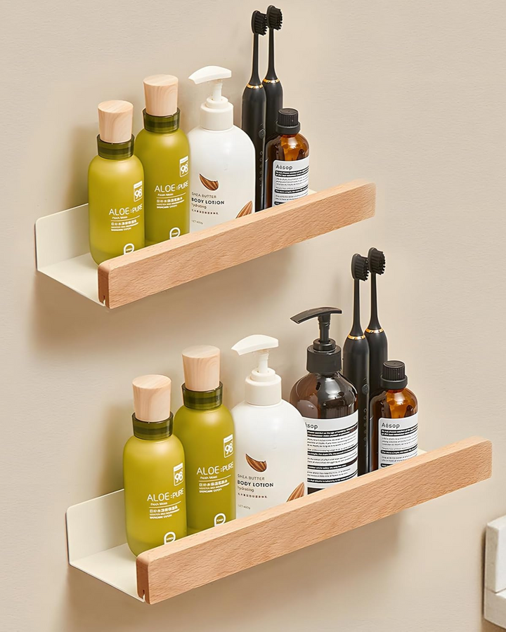 AlignaLume: Mensola moderna da parete in metallo con frontale in legno e design minimalista – per bagno e cucina