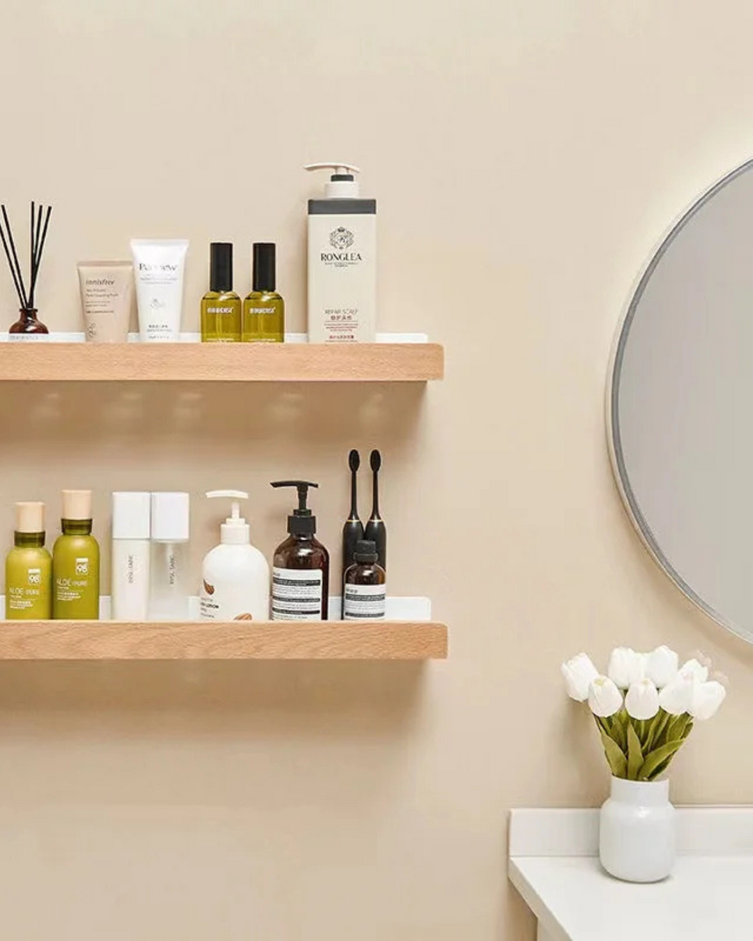 AlignaLume: Mensola moderna da parete in metallo con frontale in legno e design minimalista – per bagno e cucina