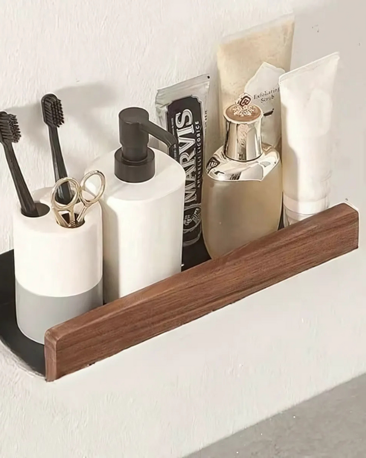 AlignaLume: Mensola moderna da parete in metallo con frontale in legno e design minimalista – per bagno e cucina