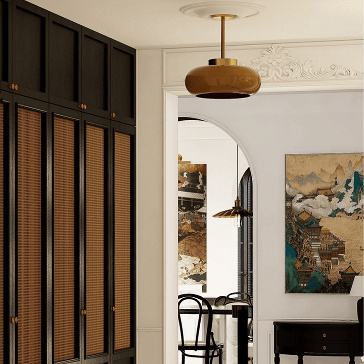 AmberGlow: Lampada da soffitto vintage con cupola in vetro arancione – Luce retro calda per soggiorno e sala da pranzo