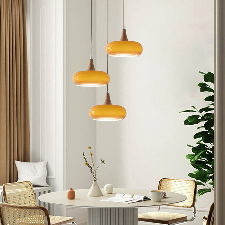 AmberLign: Lampada a sospensione in legno e vetro – Lampada a sospensione calda per sala da pranzo e cucina