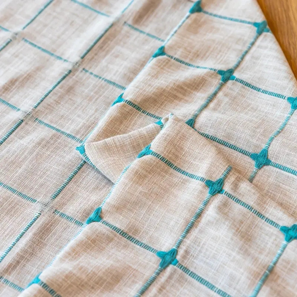 AquaNetz: Tenda in design Boho con motivo a quadretti turchesi e frange – elegante per aree da pranzo e soggiorno