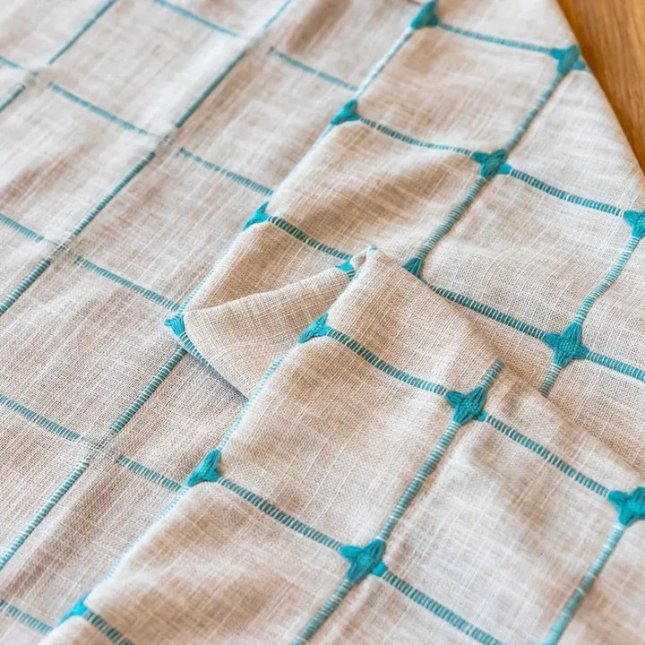 AquaNetz: Tenda in design Boho con motivo a quadretti turchesi e frange – elegante per aree da pranzo e soggiorno