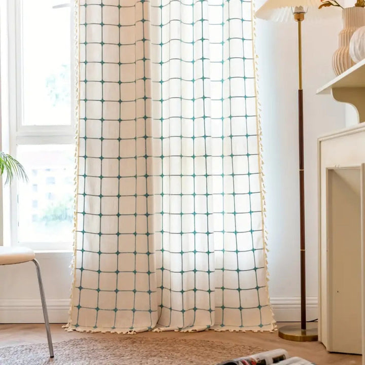 AquaNetz: Tenda in design Boho con motivo a quadretti turchesi e frange – elegante per aree da pranzo e soggiorno