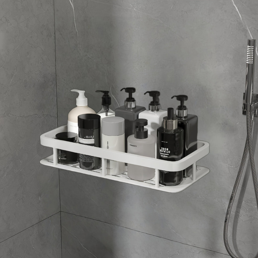AquaOrdnung: Mensola da parete per bagno – grande mensola in plastica, sospesa e salvaspazio senza forare per doccia e cucina