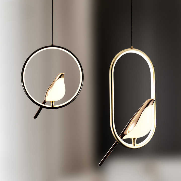 AuriBird: Lampada a sospensione di design dorata con uccello – Luce elegante per spazi abitativi tranquilli