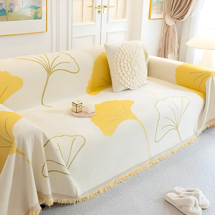 BlattTraum: Copertura per divano in lussuoso chenille con motivo artistico di ginkgo e comfort traspirante – per divano e camera da letto
