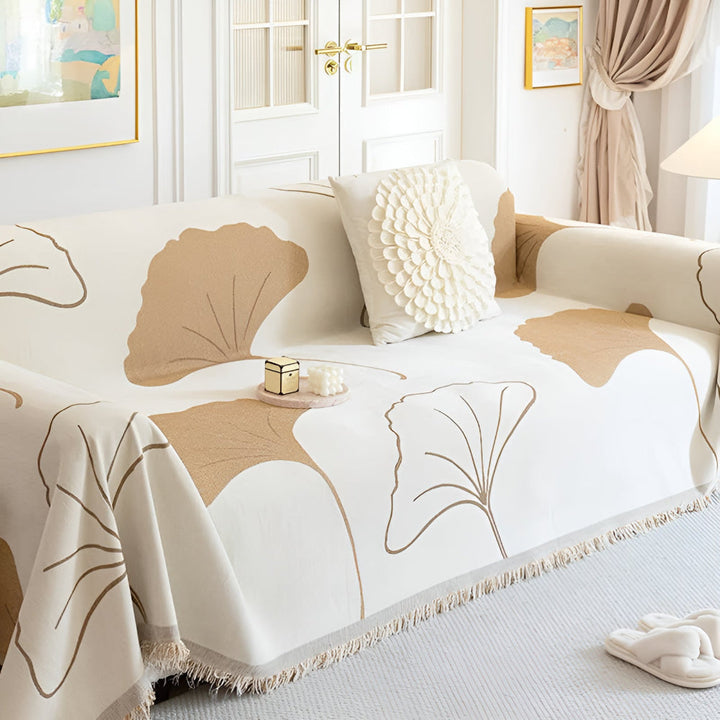 BlattTraum: Copertura per divano in lussuoso chenille con motivo artistico di ginkgo e comfort traspirante – per divano e camera da letto