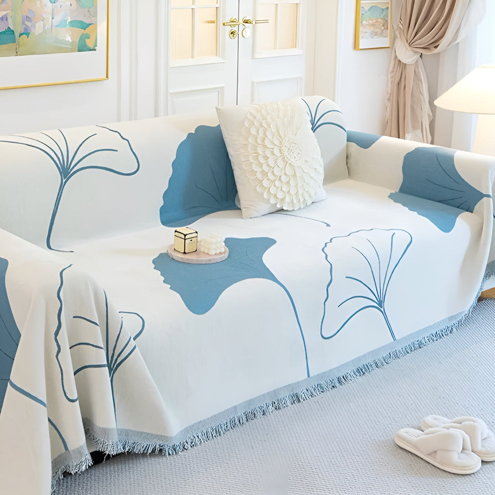 BlattTraum: Copertura per divano in lussuoso chenille con motivo artistico di ginkgo e comfort traspirante – per divano e camera da letto
