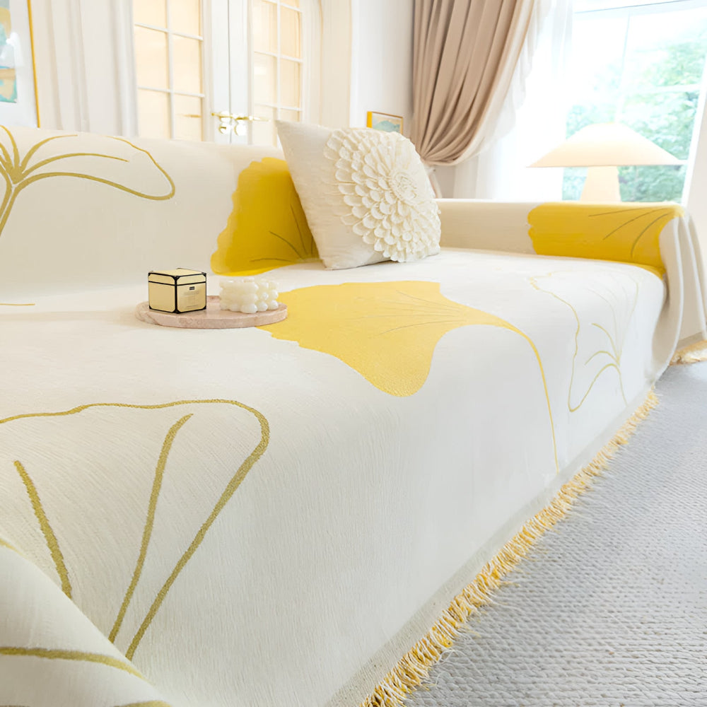 BlattTraum: Copertura per divano in lussuoso chenille con motivo artistico di ginkgo e comfort traspirante – per divano e camera da letto