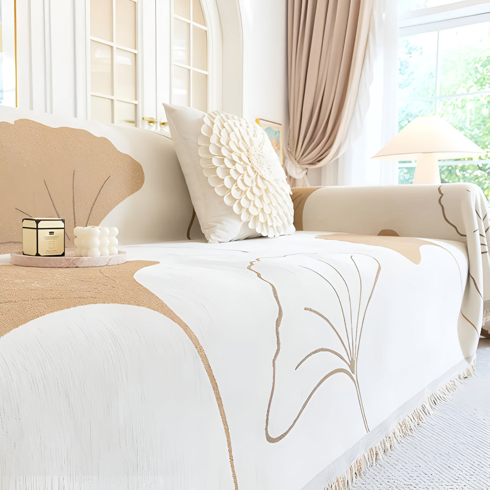 BlattTraum: Copertura per divano in lussuoso chenille con motivo artistico di ginkgo e comfort traspirante – per divano e camera da letto