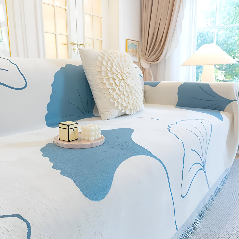 BlattTraum: Copertura per divano in lussuoso chenille con motivo artistico di ginkgo e comfort traspirante – per divano e camera da letto