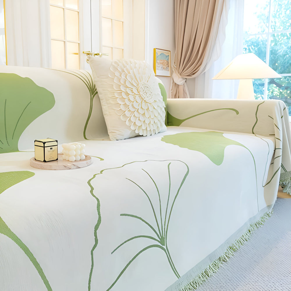 BlattTraum: Copertura per divano in lussuoso chenille con motivo artistico di ginkgo e comfort traspirante – per divano e camera da letto