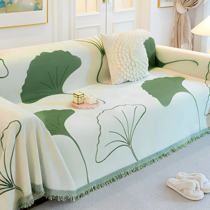 BlattTraum: Copertura per divano in lussuoso chenille con motivo artistico di ginkgo e comfort traspirante – per divano e camera da letto