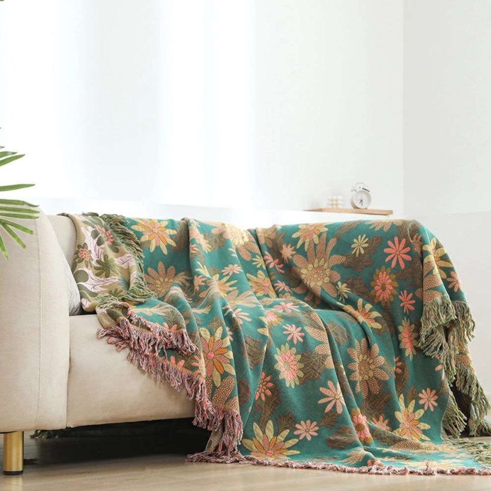 BlütenGrün: Coperte in cotone con design jacquard a motivo floreale e funzione reversibile – per divano e camera da letto