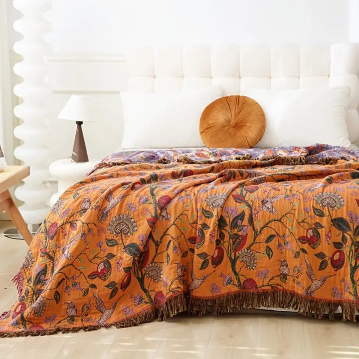 BlütenLoom: Coperta in cotone con motivo floreale – Coperta reversibile con frange per divano e letto