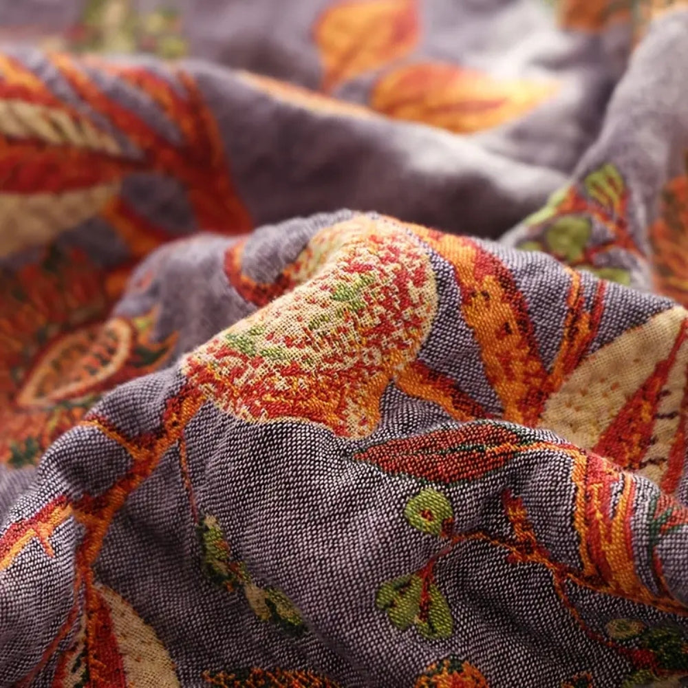 BlütenLoom: Coperta in cotone con motivo floreale – Coperta reversibile con frange per divano e letto