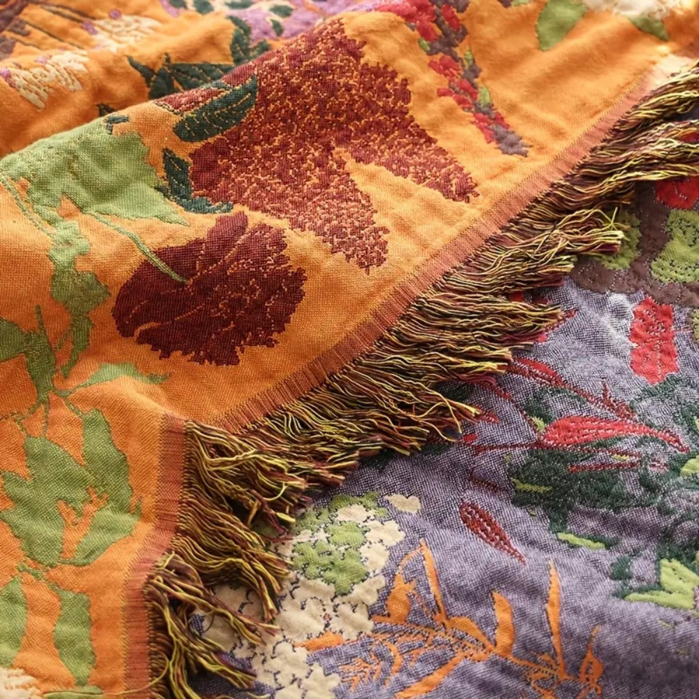 BlütenLoom: Coperta in cotone con motivo floreale – Coperta reversibile con frange per divano e letto