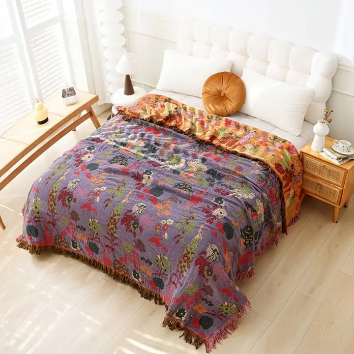 BlütenLoom: Coperta in cotone con motivo floreale – Coperta reversibile con frange per divano e letto