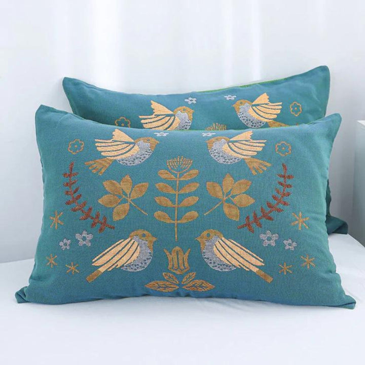 BlütenVogel: Fodera per cuscino in cotone in stile Boho con motivi floreali e di uccelli (set da 2)