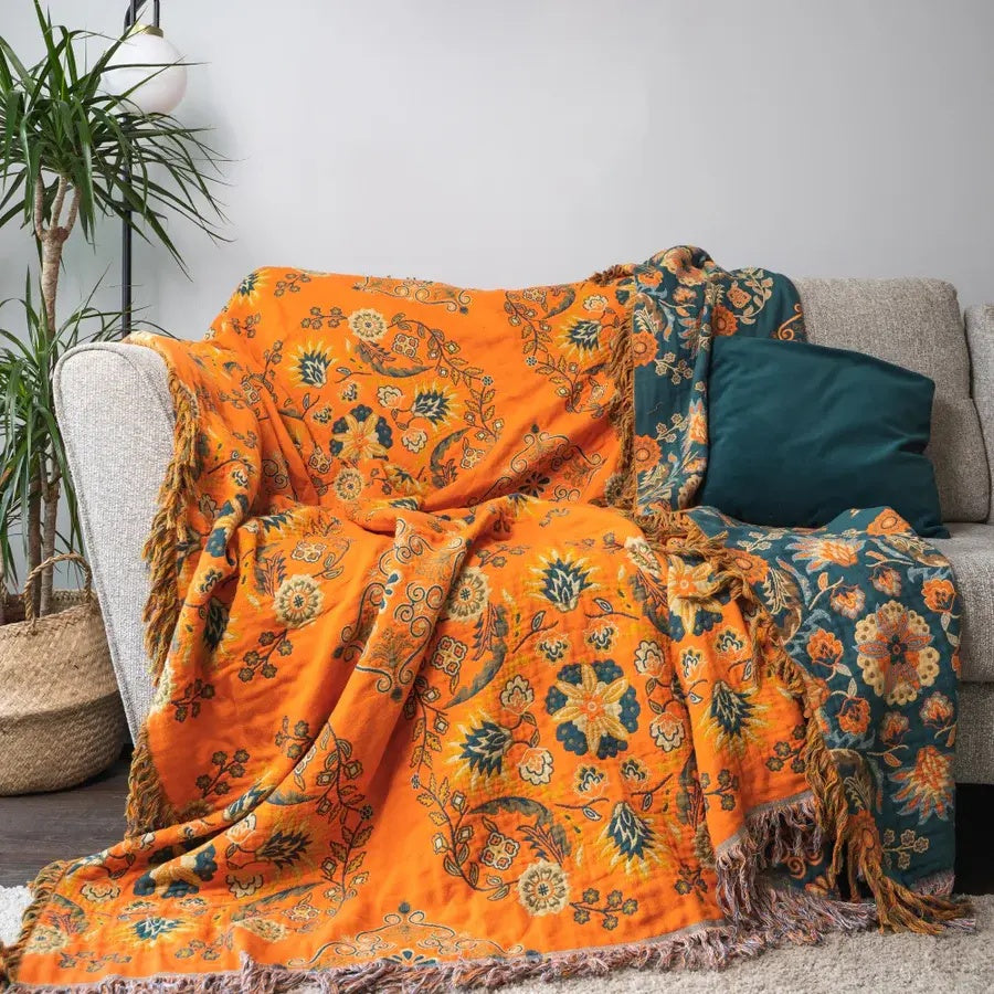 BlütenWende: Coperta in Cotone con Motivo Floreale – Coperta Reversibile per Divano &amp; Letto