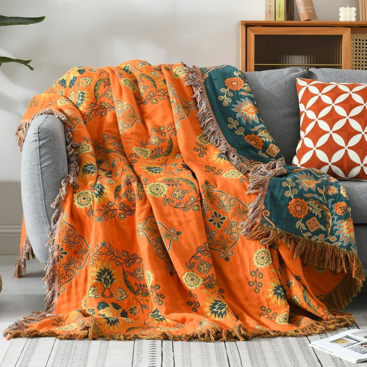 BlütenWende: Coperta in Cotone con Motivo Floreale – Coperta Reversibile per Divano &amp; Letto