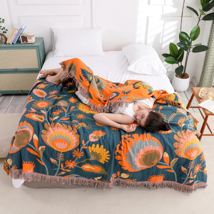 BlütenZauber: Coperte in cotone con design floreale Boho, leggera struttura e comfort traspirante – per divano e camera da letto
