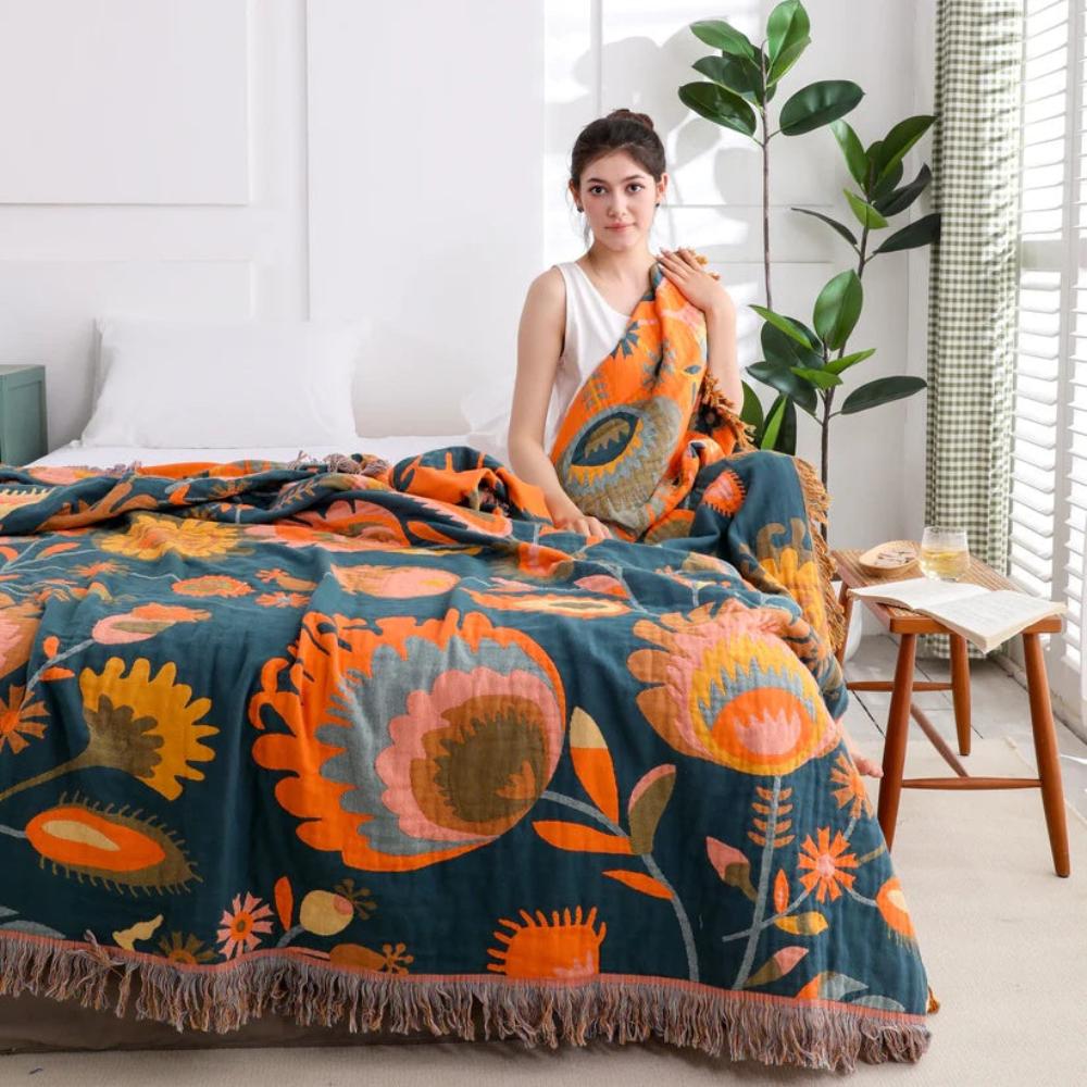 BlütenZauber: Coperte in cotone con design floreale Boho, leggera struttura e comfort traspirante – per divano e camera da letto